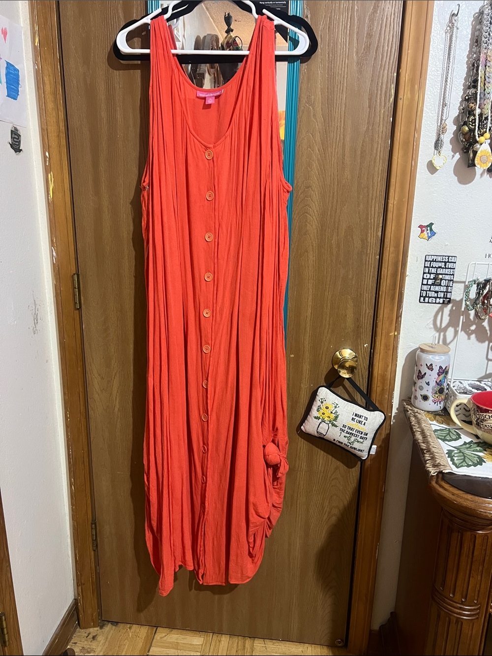 Woman Within Coral-Orange Sleeveless Button-Front Maxi Dress